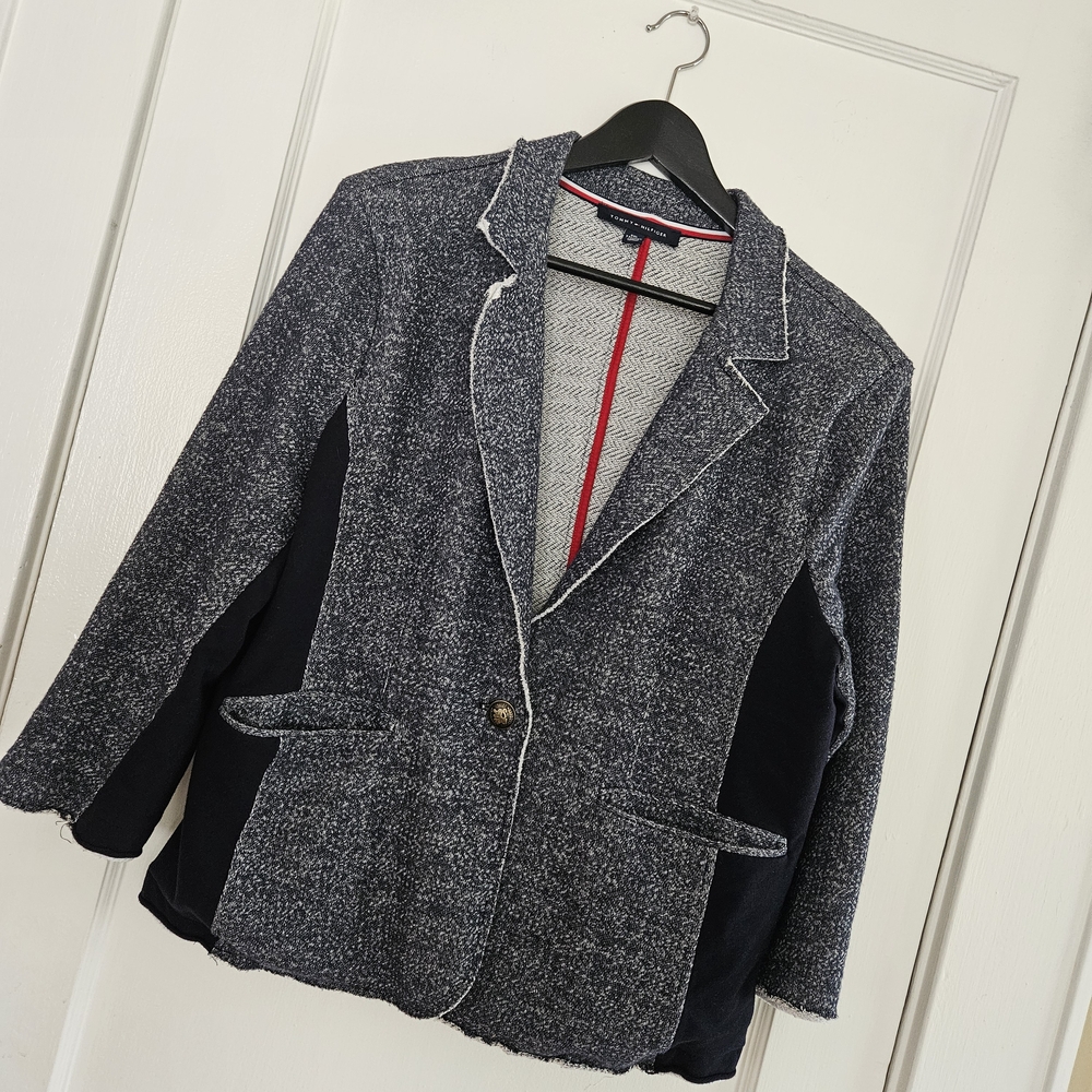 Women's Heathered Tommy HILFIGER Navy Knit Blazer w/ White Raw Edge Trim Detail